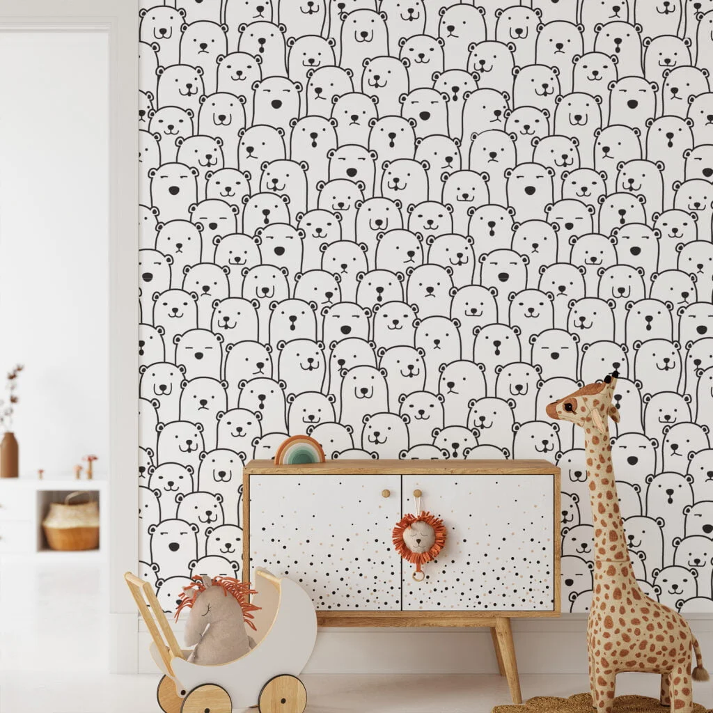 Cute Crowded Bears Line Art Pattern Wallpaper, Adorable Nursery Sketch Peel & Stick Wall Mural