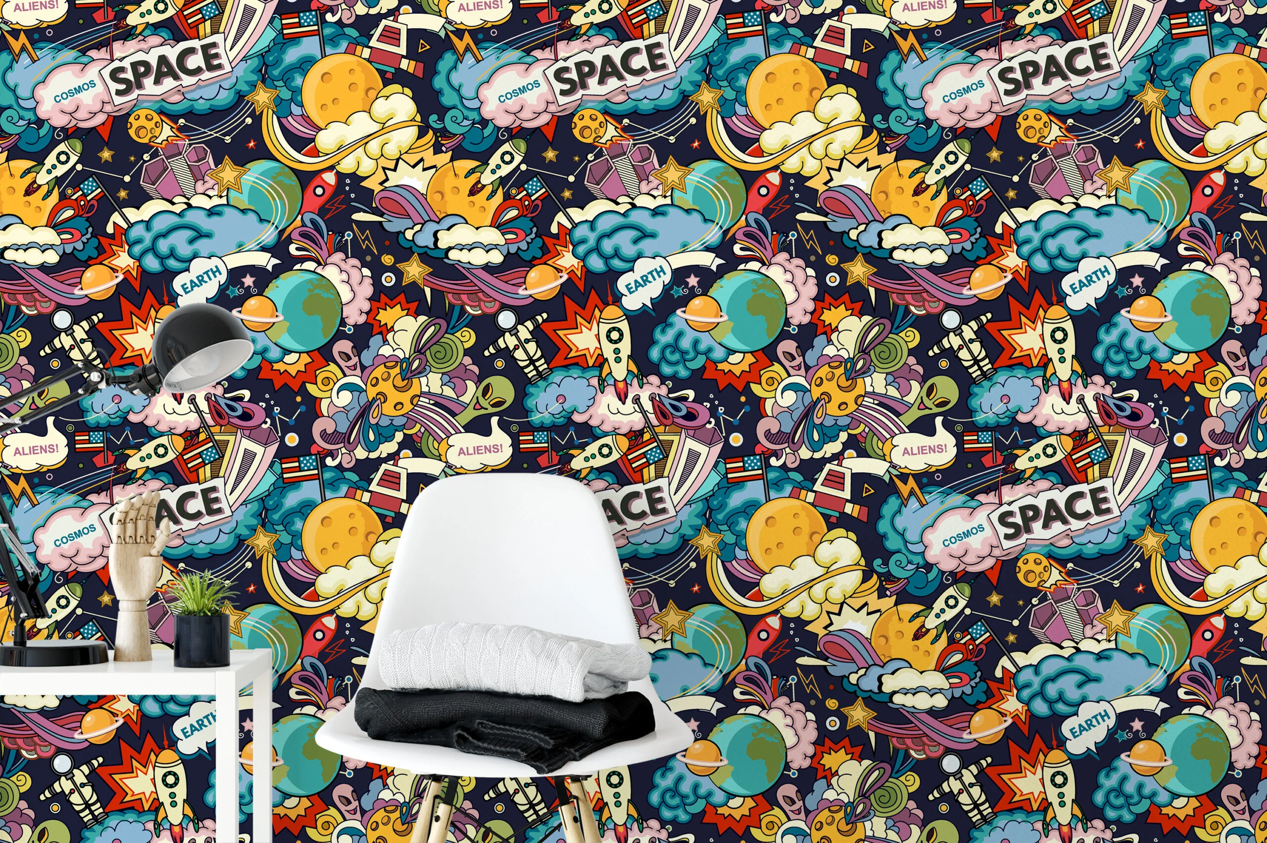 Cartoon Space Themed Kids Wallpaper Illustration, Vibrant Comic Space Adventure Peel & Stick Wall Mural