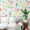 Happy Floral Flat Illustration With Toucans And Flamingos Wallpaper, Cheerful Nursery Deco Peel & Stick Wall Mural