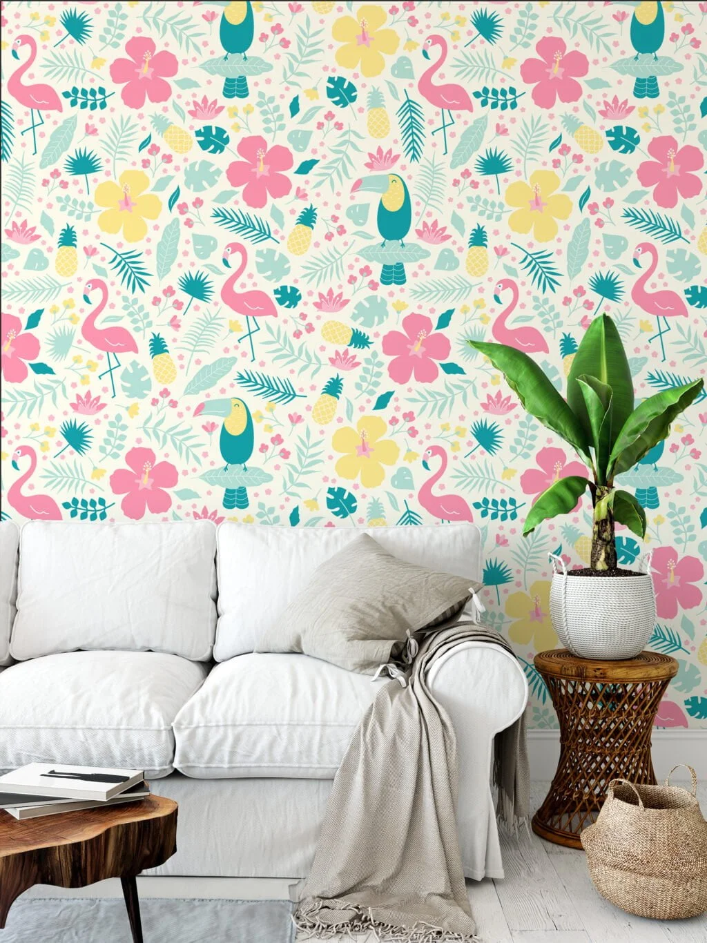 Happy Floral Flat Illustration With Toucans And Flamingos Wallpaper, Cheerful Nursery Deco Peel & Stick Wall Mural