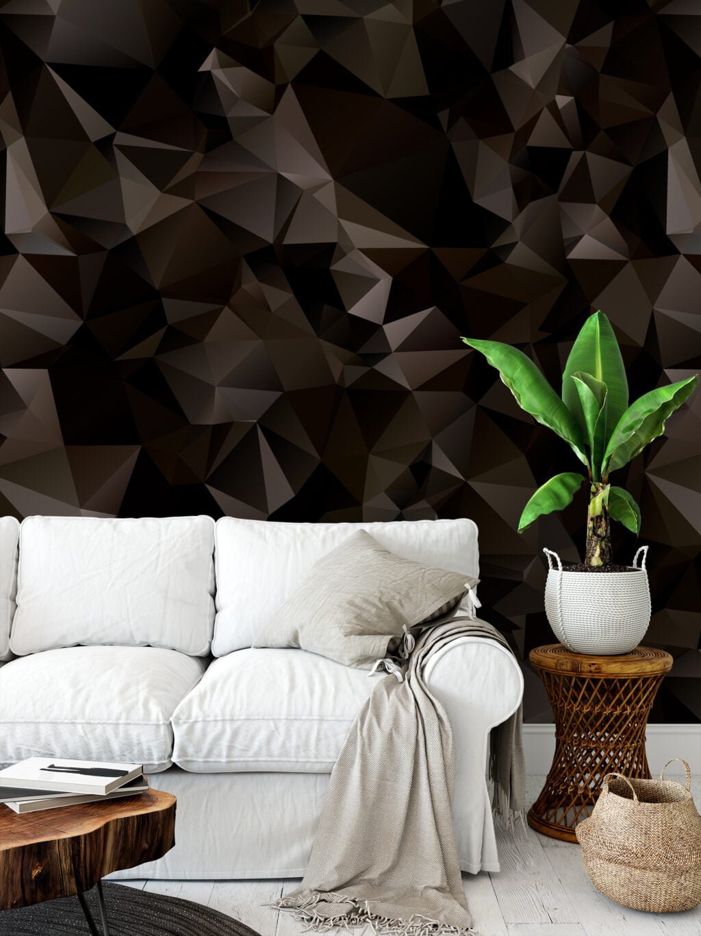 Dark Geometric Shapes Pattern Wallpaper, Abstract Brown & Black Design Peel & Stick Wall Mural