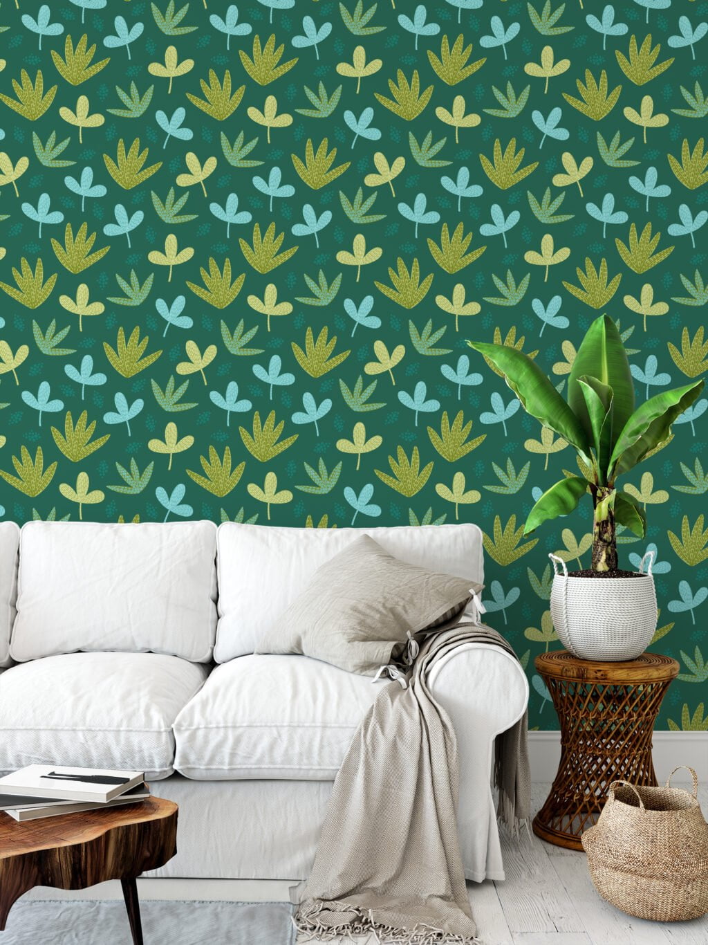 Abstract Green Leaves Shapes Illustration Wallpaper, Enchanting Leaf Pattern Peel & Stick Wall Mural