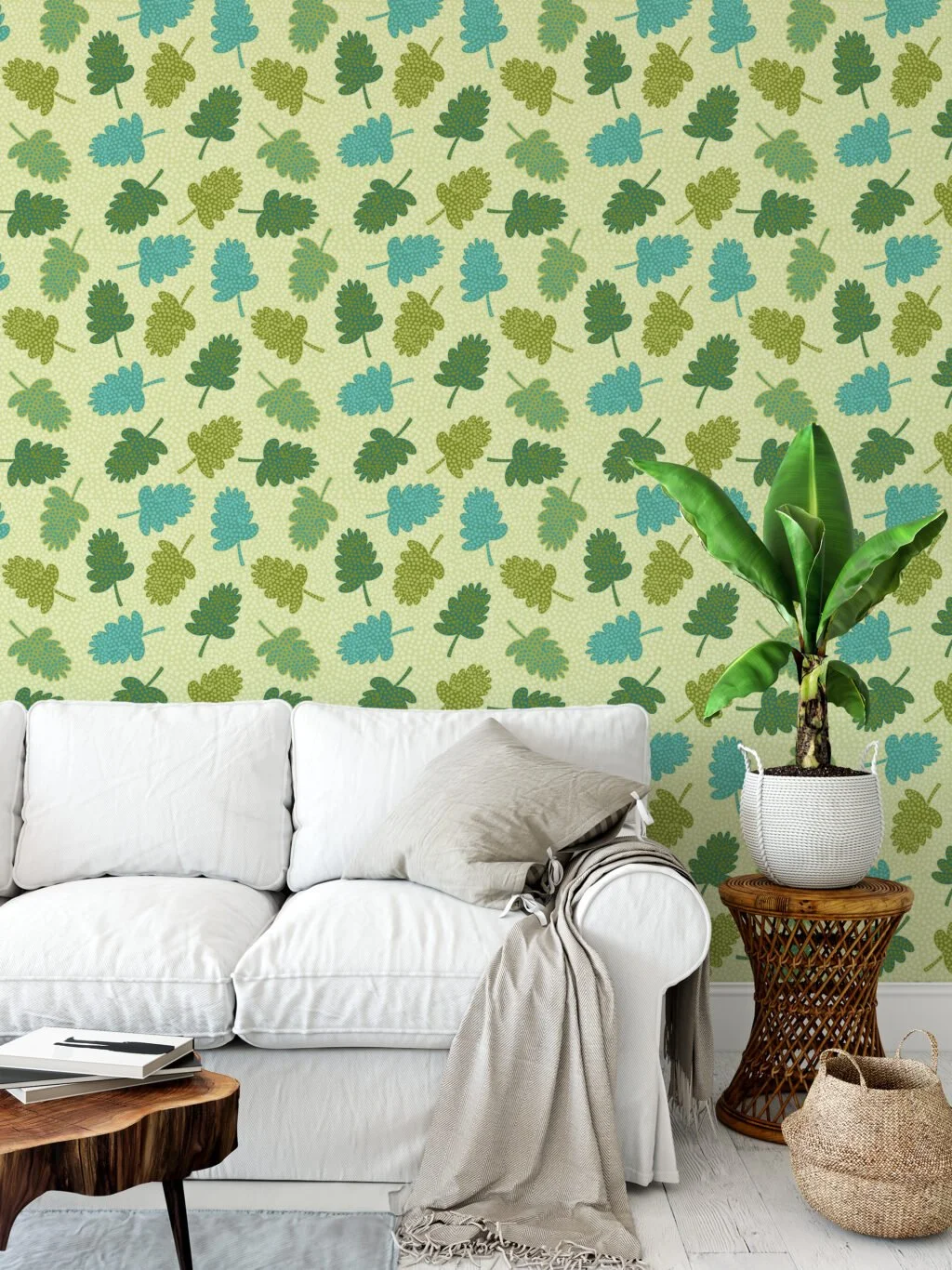 Green Leaves Pattern Illustration Wallpaper, Charming Leaf Motif Peel & Stick Wall Mural