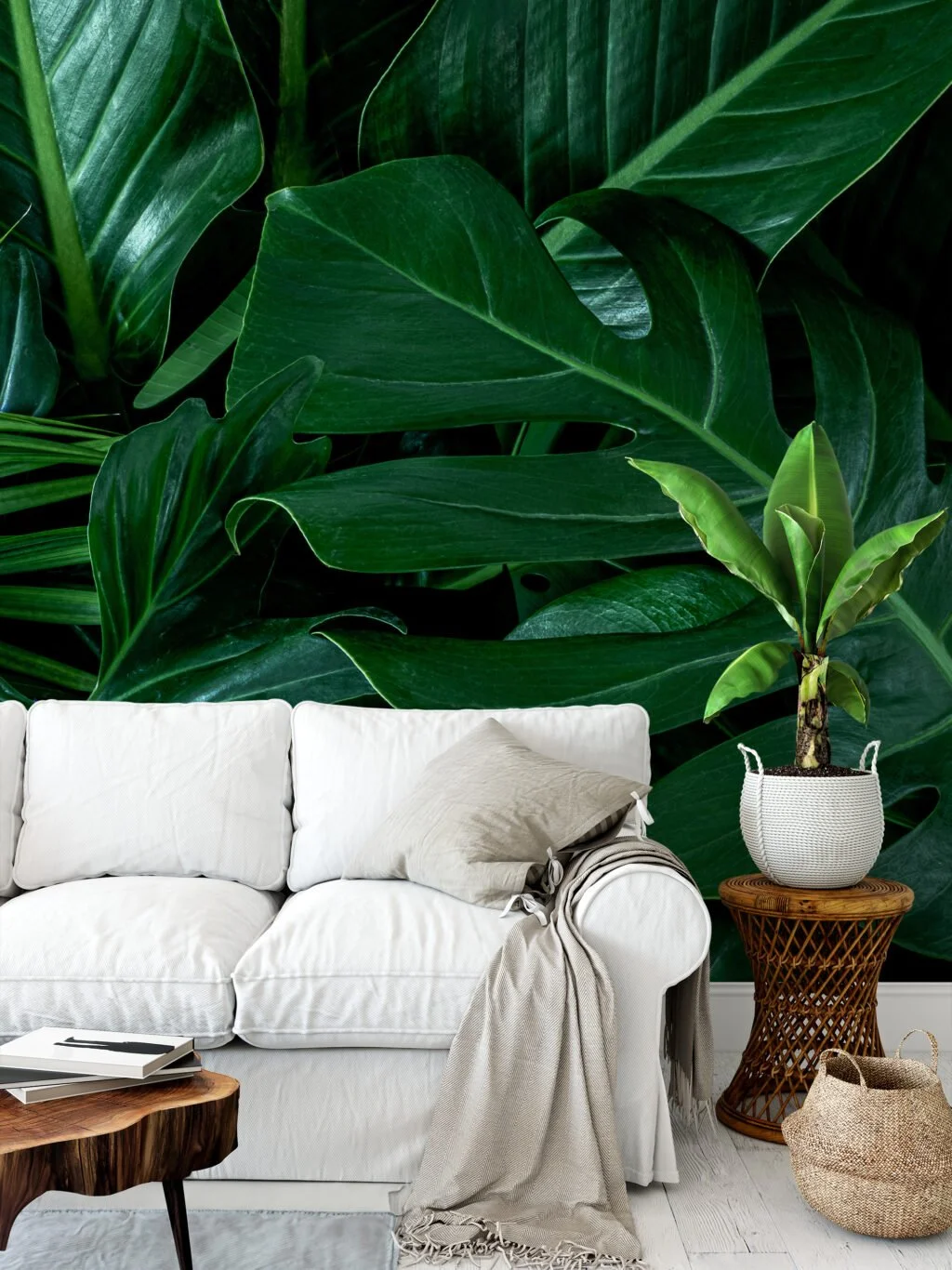 Large Dark Tropical Monstera Leaves Wallpaper, Green Verdant Monstera Peel & Stick Wall Mural