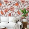 Floral Line Art Illustration Wallpaper, Chic Floral Elegant Peel & Stick Wall Mural