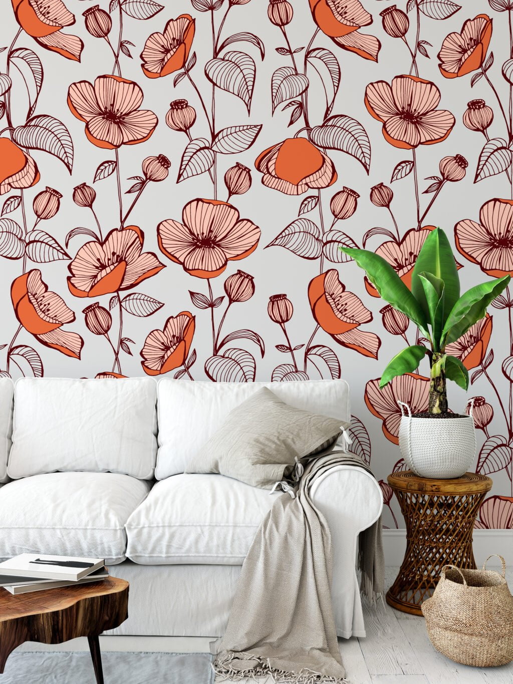 Floral Line Art Illustration Wallpaper, Chic Floral Elegant Peel & Stick Wall Mural