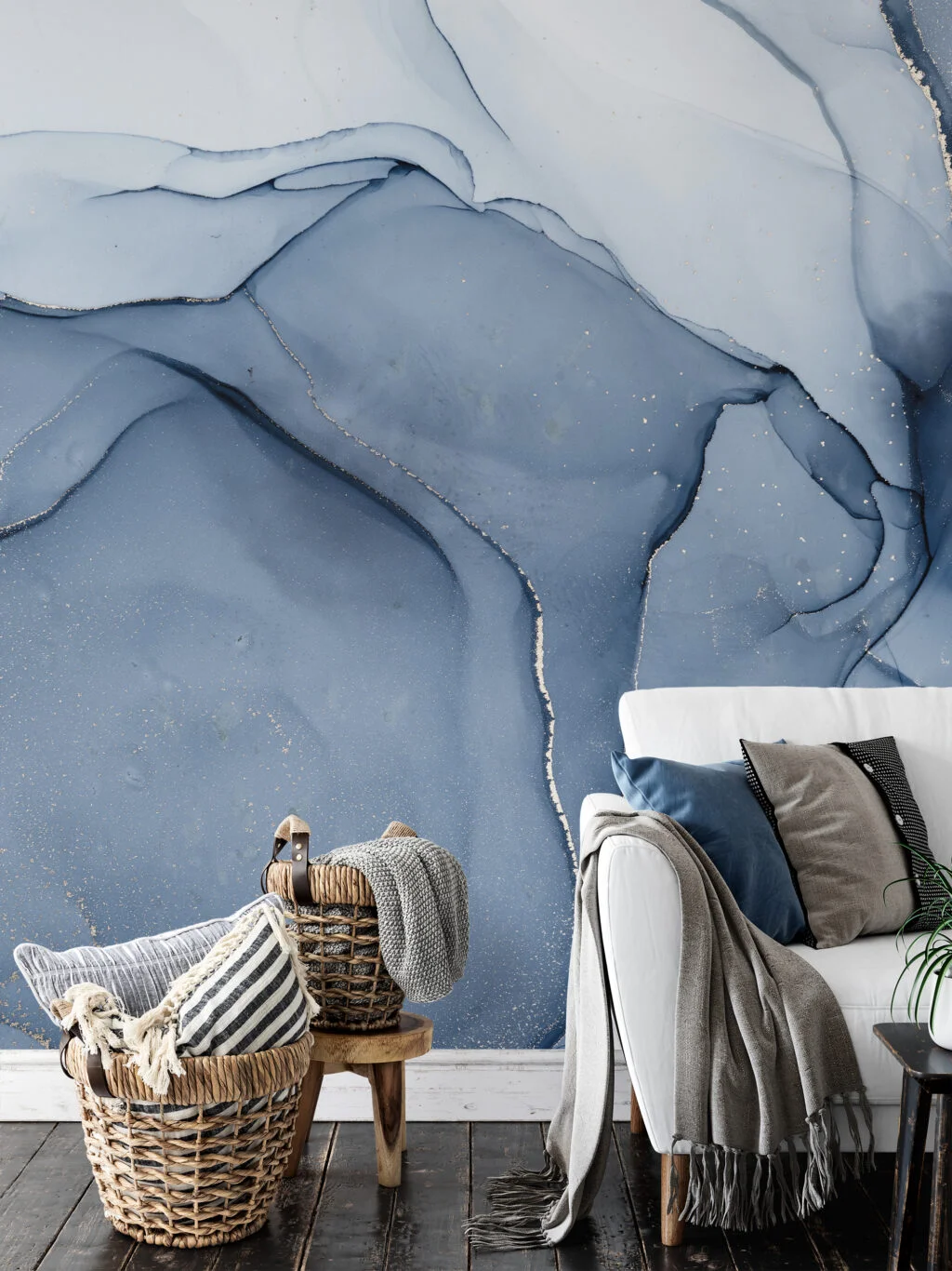 Cool Blue Colored Marble Ink Art Wallpaper, Serene Blue Peel & Stick Wall Mural