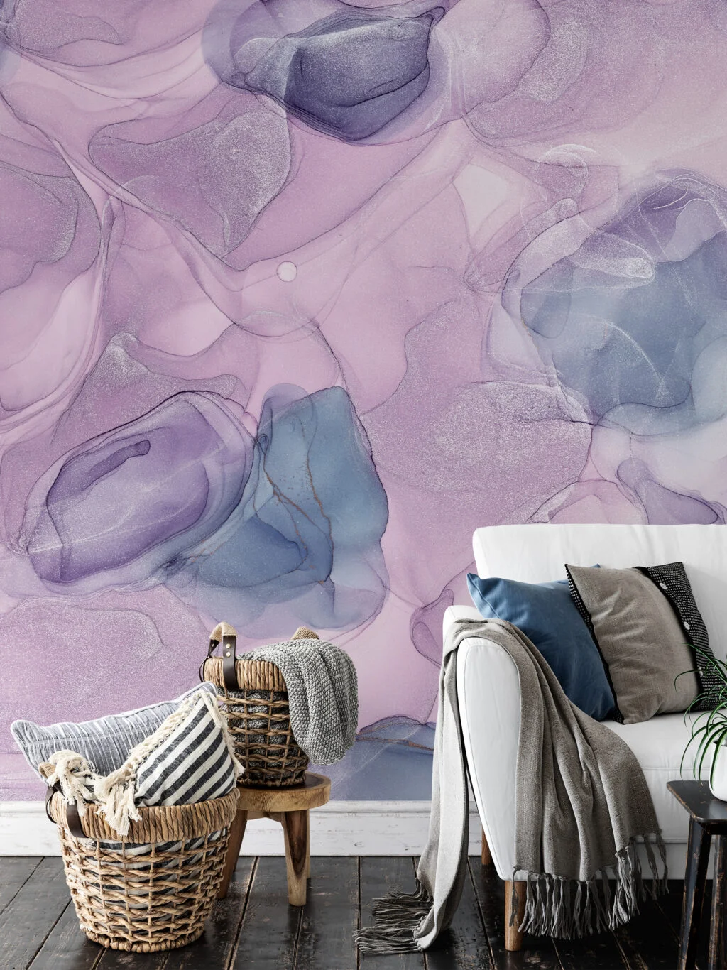 Lavender Alcohol Ink Art Marble Wallpaper, Pastel Lavender Marble Peel & Stick Wall Mural