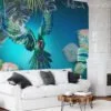 Large Parrot and Monstera Leaves With Blue Background Wallpaper, Vibrant & Tropical Peel & Stick Wall Mural