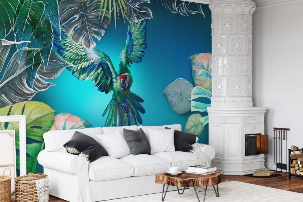 Large Parrot and Monstera Leaves With Blue Background Wallpaper, Vibrant & Tropical Peel & Stick Wall Mural