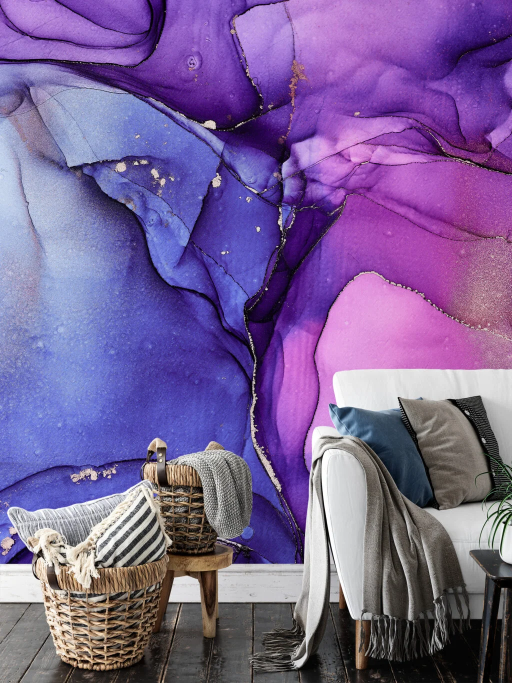 Bright Purple And Blue Alcohol Ink ArtWallpaper, Enchanted Violet Marble Peel & Stick Wall Mural