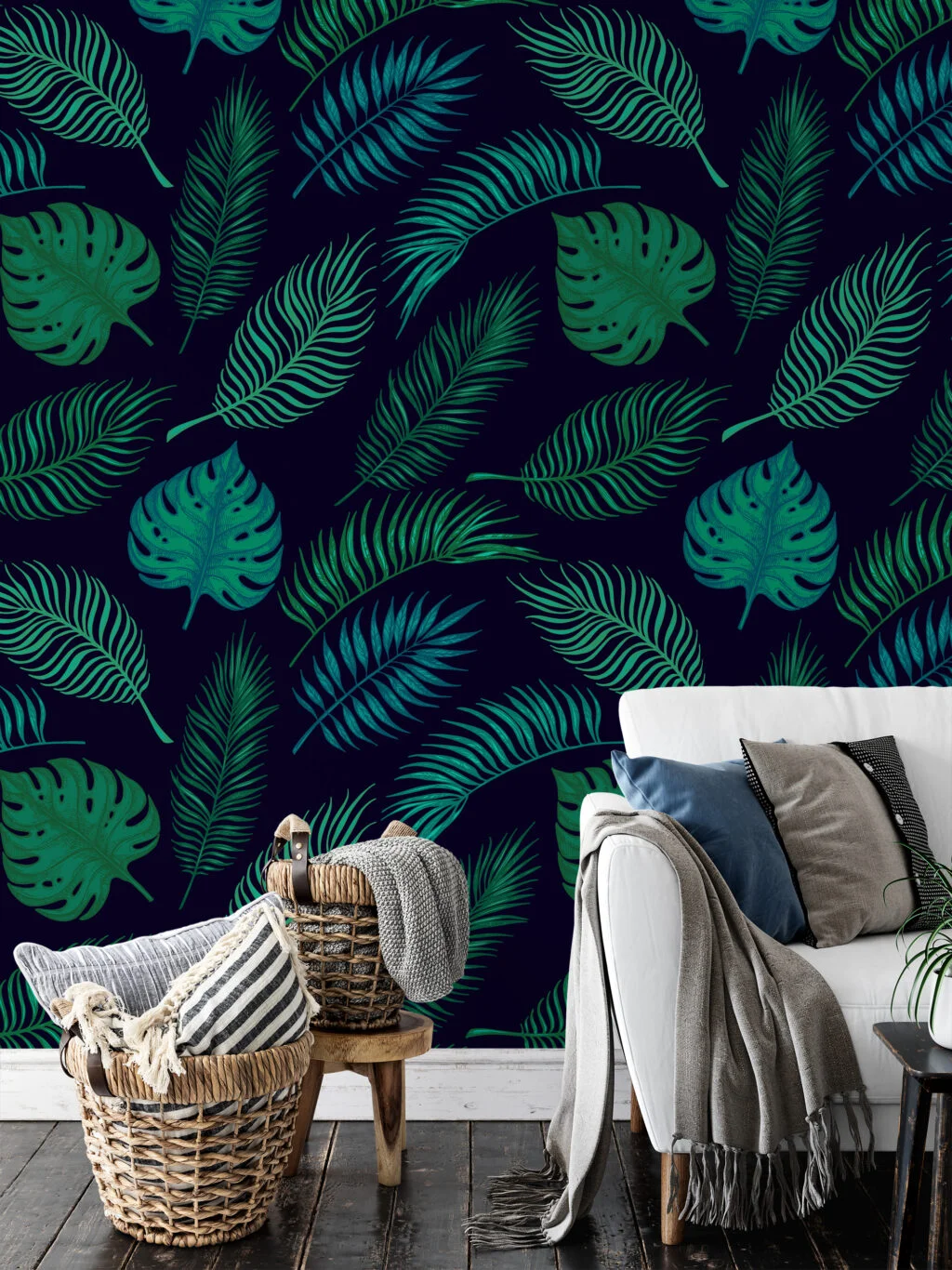 Tropical Leaves Illustration Pattern Wallpaper, Exotic Botanical Leaves Peel & Stick Wall Mural