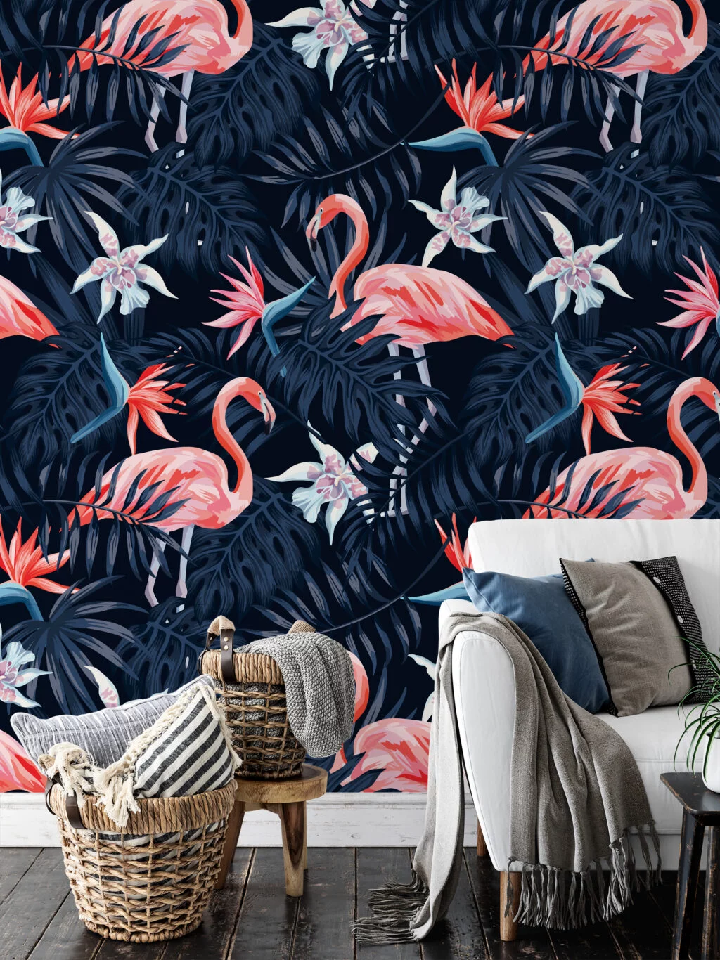 Dark Blue Tropical Leaves With Flamingos Illustration Wallpaper, Majestic Flamingos Peel & Stick Wall Mural