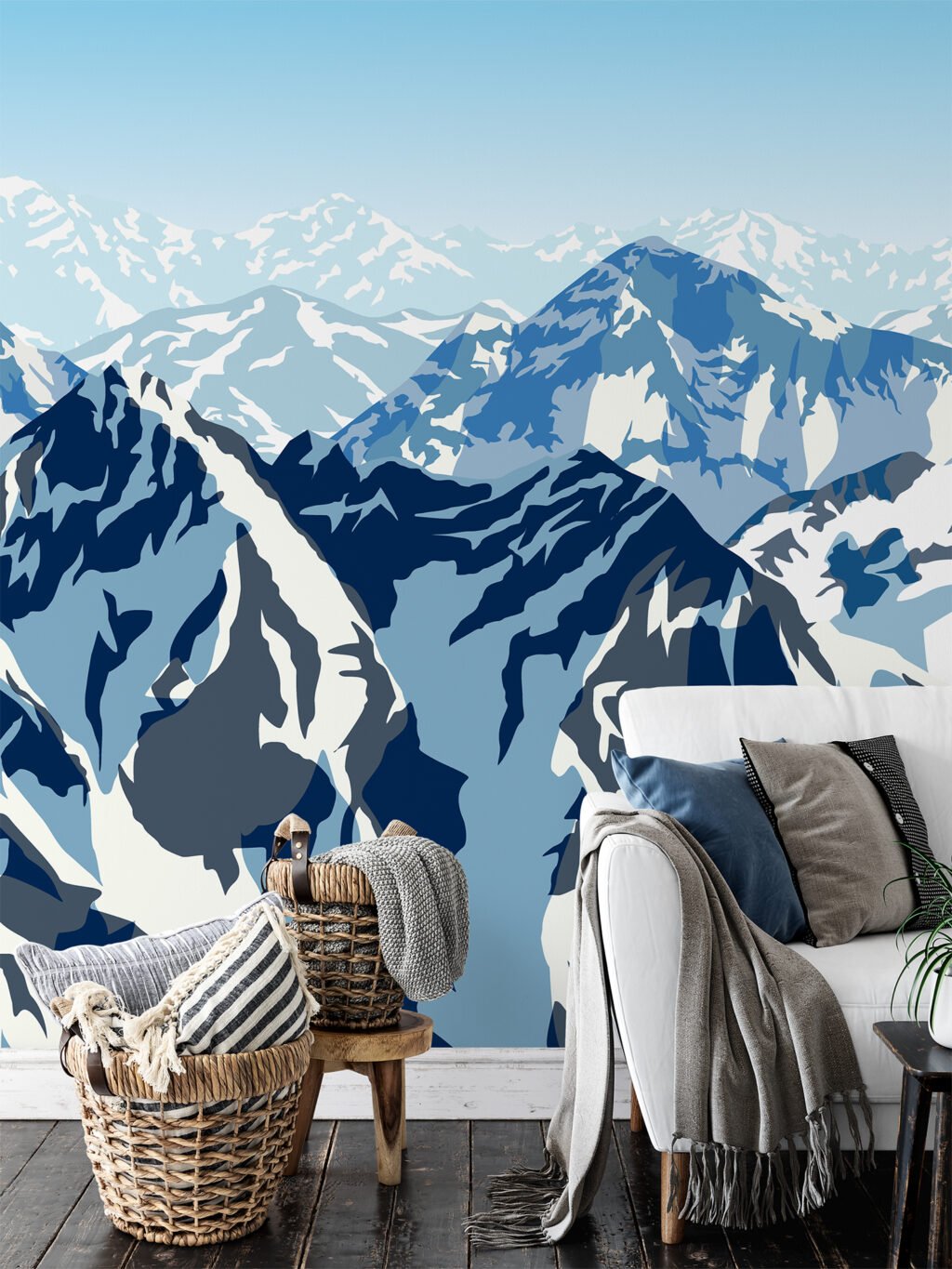 Abstract Flat Art Snowy Mountains Illustration Wallpaper, Blue Mountains Landscape Peel & Stick Wall Mural