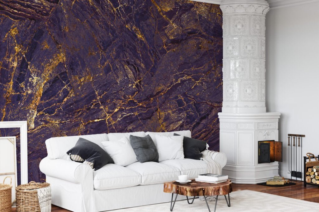 Bright Contrasted Stone Textured Wallpaper, Luxe Gold Veined Marble Peel & Stick Wall Mural