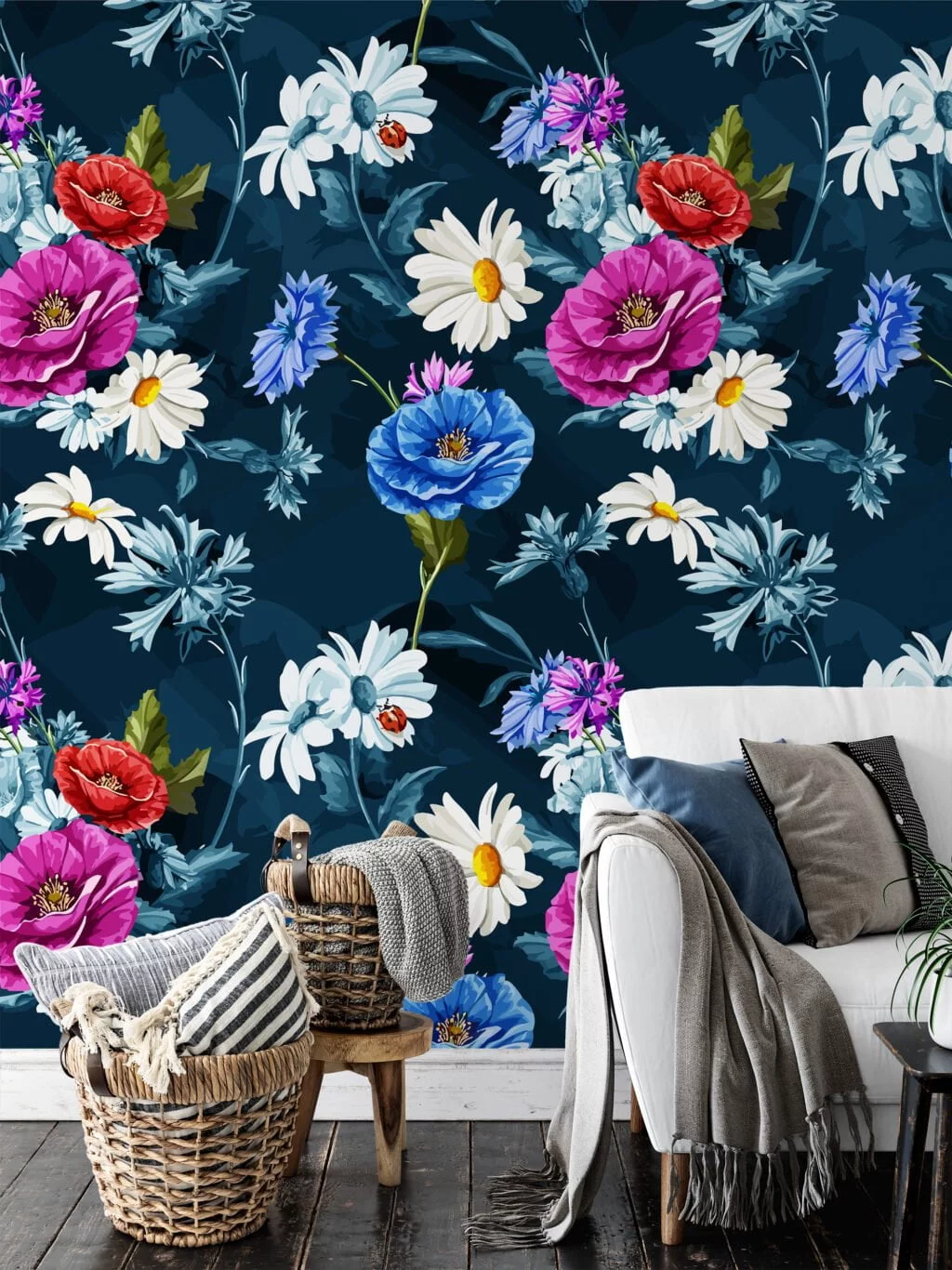 Blooming Flowers Illustration Wallpaper, Midnight Garden Bloom Peel & Stick Wall Mural