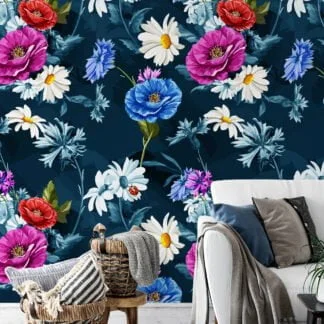 Blooming Flowers Illustration Wallpaper, Midnight Garden Bloom Peel & Stick Wall Mural