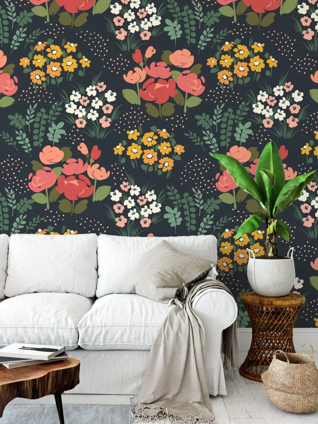 Midnight Flat Art Flowers And Bouquets Illustration Wallpaper, Vintage Bouquets On Black Peel & Stick Wall Mural