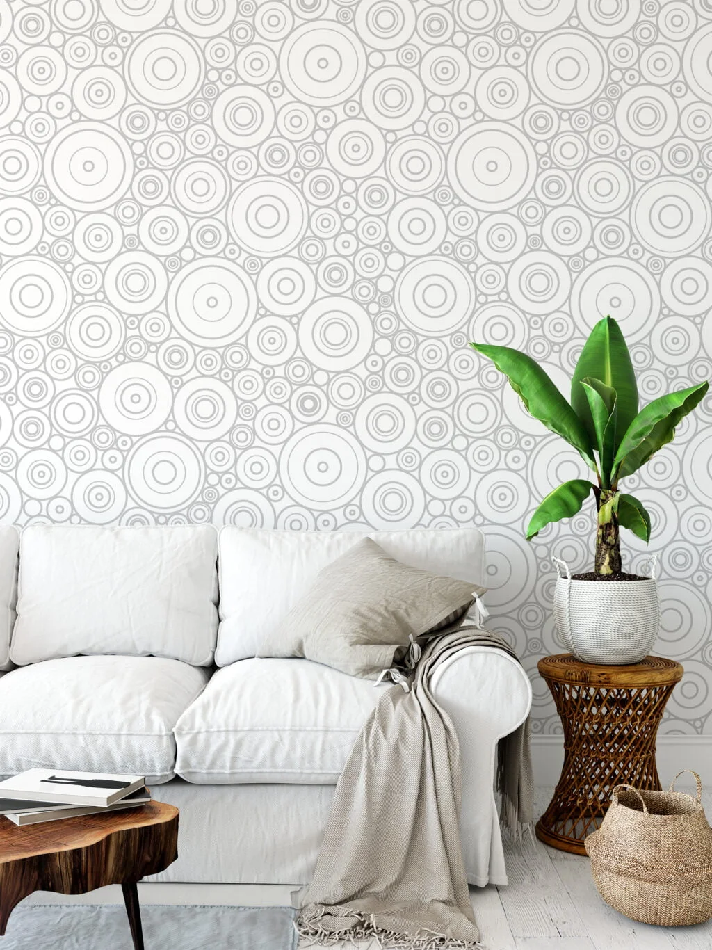 Abstract Grey Circles Design Wallpaper, Monochrome Geometric Circles Peel & Stick Wall Mural