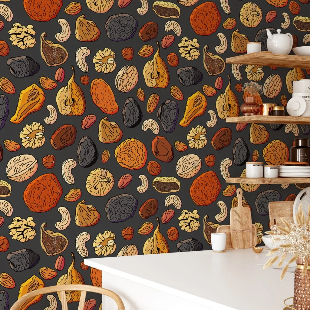 Abstract Cartoon Style Nuts Illustration Wallpaper, Gourmet Kitchen Peel & Stick Wall Mural