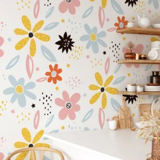 Floral Flat Art Flowers With A White Background Wallpaper, Charming Floral Peel & Stick Wall Mural