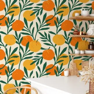 Flat Art Oranges Pattern Illustration Wallpaper, Lively Green Leaves with Citrus Peel & Stick Wall Mural
