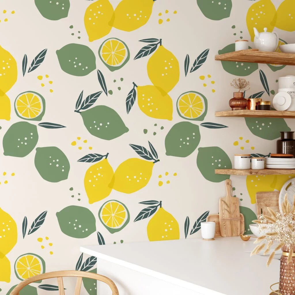 Lemon And Leaves Illustration Wallpaper, Zesty Lemon Grove Peel & Stick Wall Mural