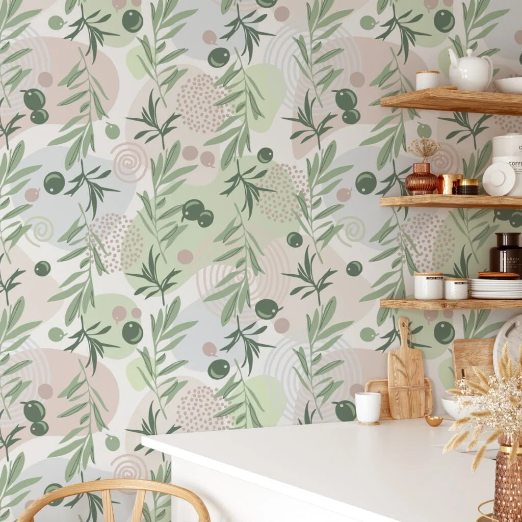 Flat Art Green Olive Branches Design Wallpaper, Soft Olive Garden Peel & Stick Wall Mural