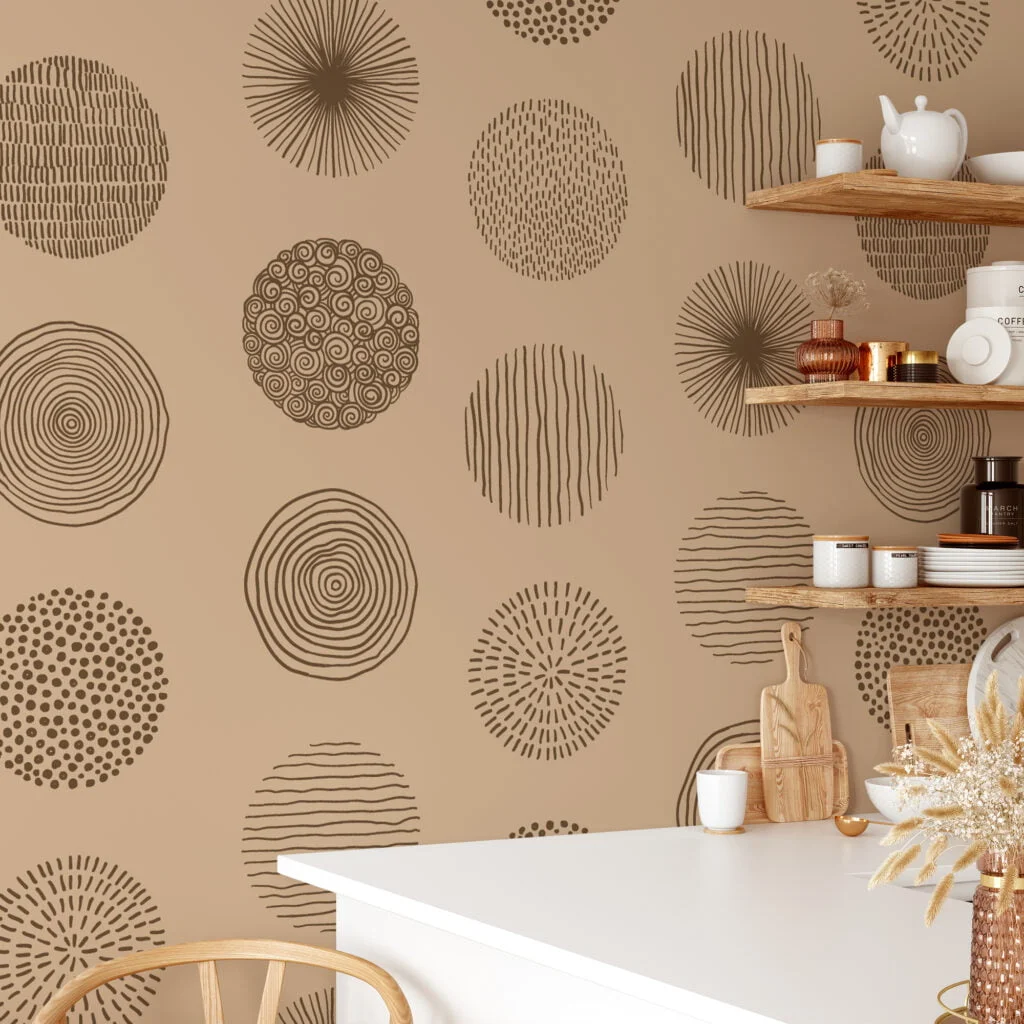 Brown Circles Pattern Illustration Wallpaper, Earthy Tones Abstract Circles Peel & Stick Wall Mural