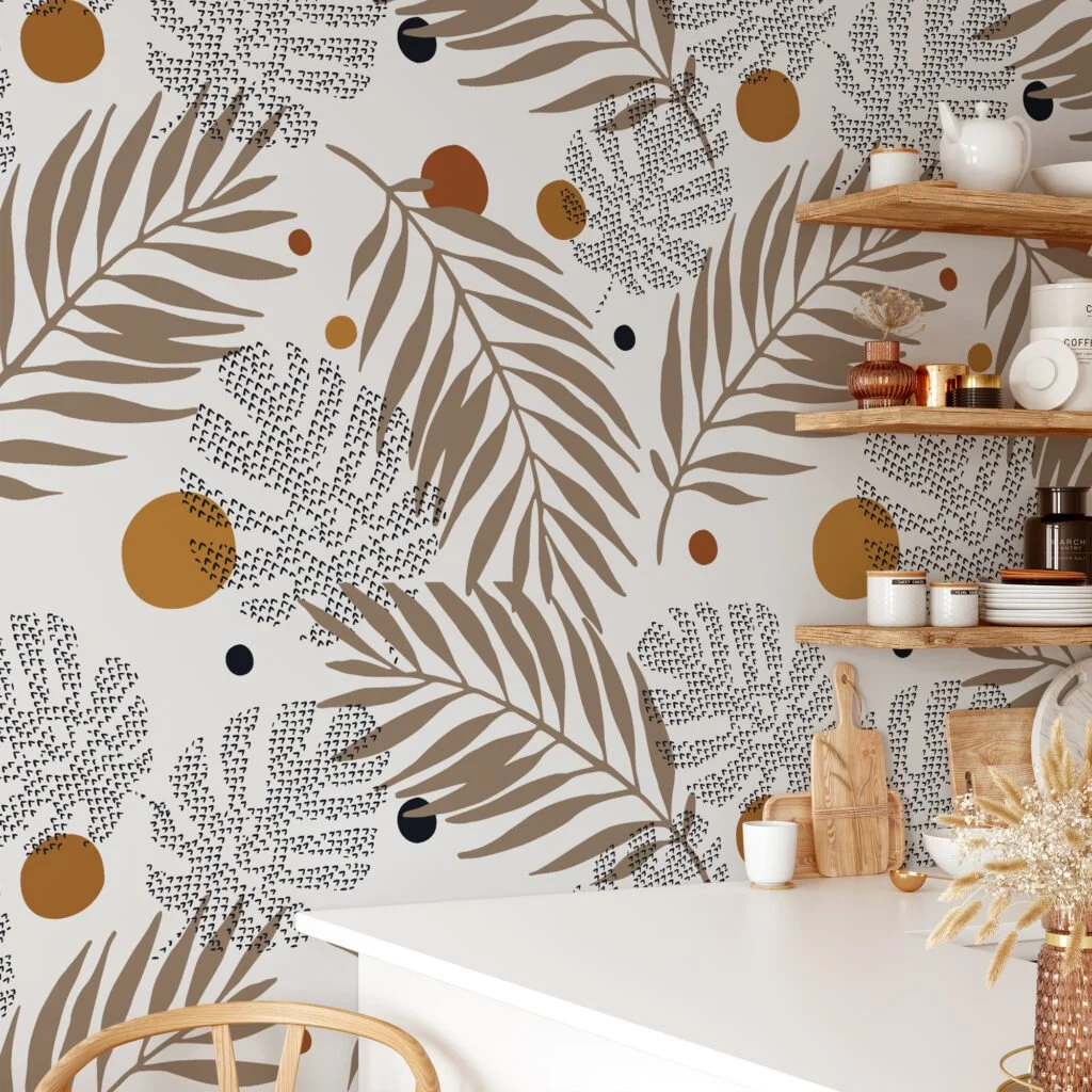 Abstract Earthy Tones Leaves Illustration Wallpaper, Modern Botanical Peel & Stick Wall Mural