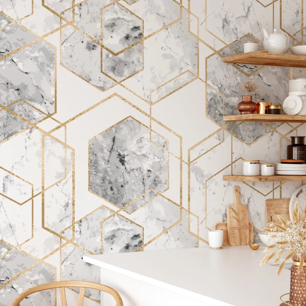 Geometric Wallpaper With Grey Watercolor Style Hexagons, Luxurious Gold Marble Peel & Stick Wall Mural