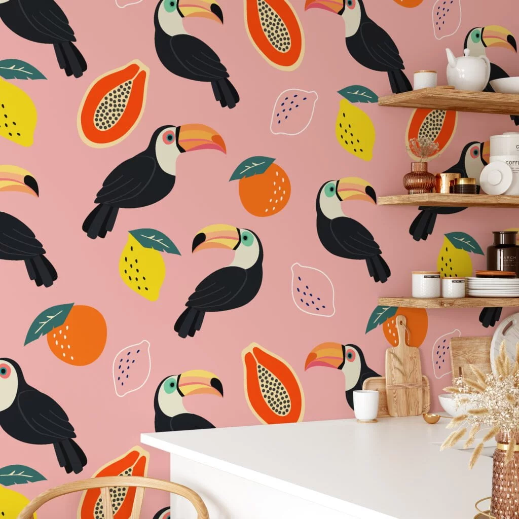 Flat Art Fruits And Toucans With A Pink Background Illustration Wallpaper, Vibrant Pink Kids' Decor Peel & Stick Wall Mural