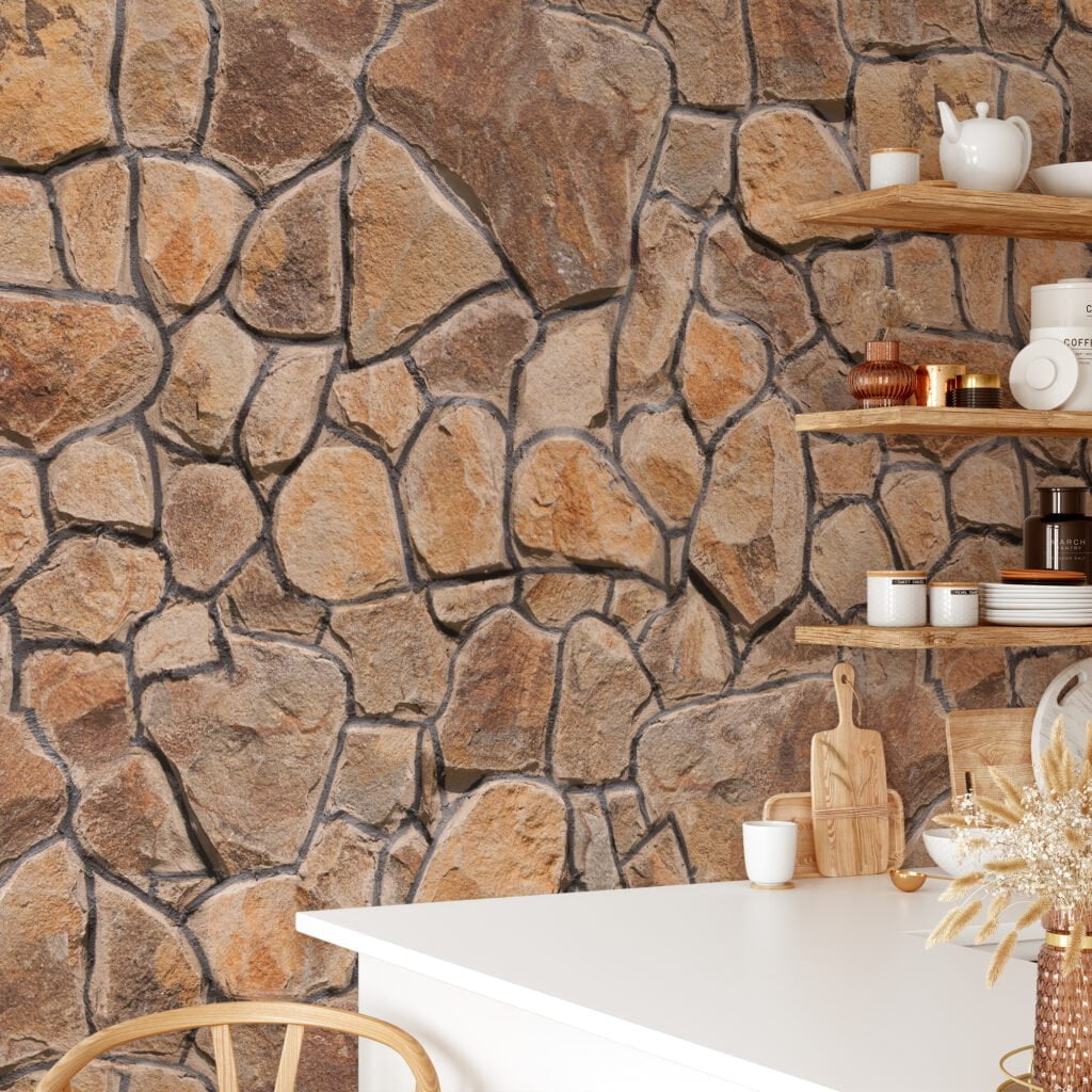 Earthy Cracked Stone Wall Wallpaper, Classic Cobblestone Texture Peel & Stick Wall Mural