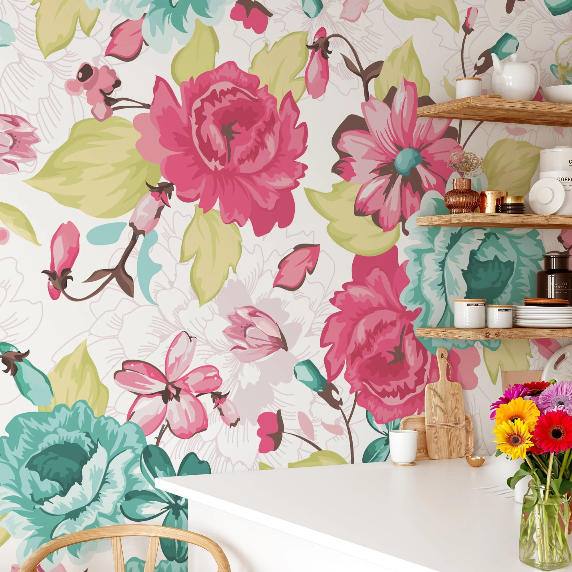 Abstract Turquoise And Pink Floral Wallpaper, Vintage Floral Charm Peel & Stick Wall Mural