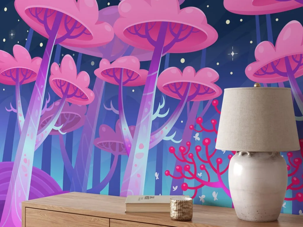 Cartoon Style Large Pink Cotton Candy Trees Wallpaper, Enchanted Forest Space Peel & Stick Wall Mural