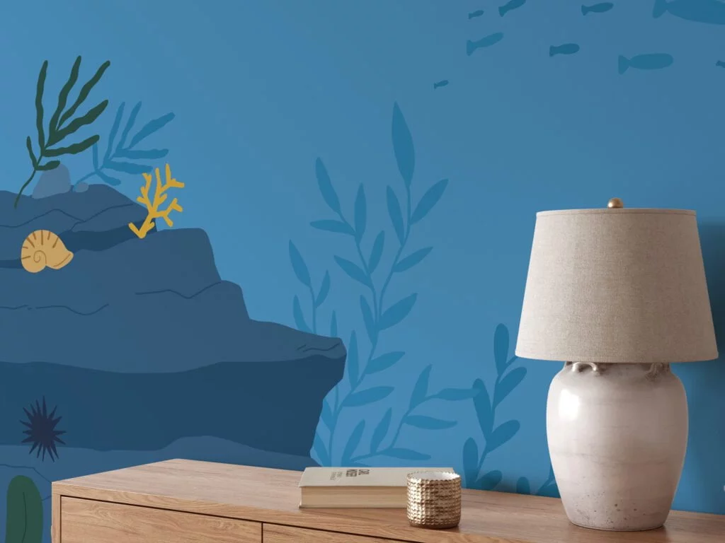 Cartoon Style Blue Underwater Ocean Illustration Wallpaper, Oceanic Nursery Art Peel & Stick Wall Mural