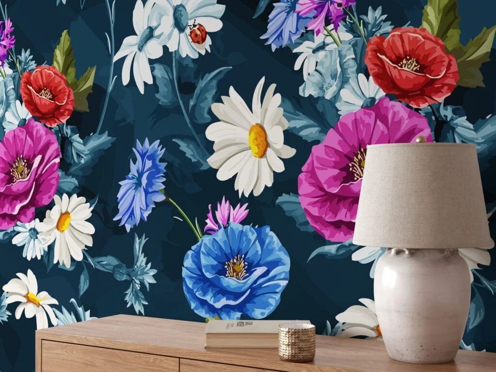 Blooming Flowers Illustration Wallpaper, Midnight Garden Bloom Peel & Stick Wall Mural