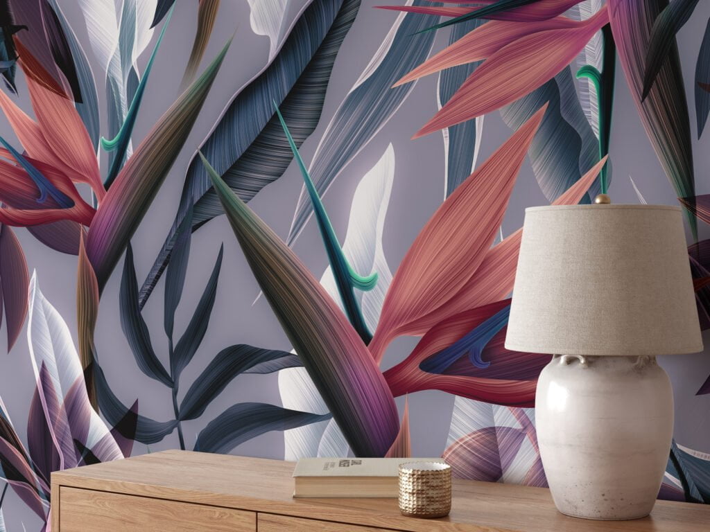 Dark Themed Birds Of Paradise Tropical Wallpaper, Sleek Abstract Botanical Peel & Stick Wall Mural
