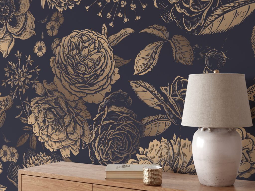 Vintage Style Large Flowers With Butterflies On A Dark Background Wallpaper, Luxurious Gold Floral Peel & Stick Wall Mural