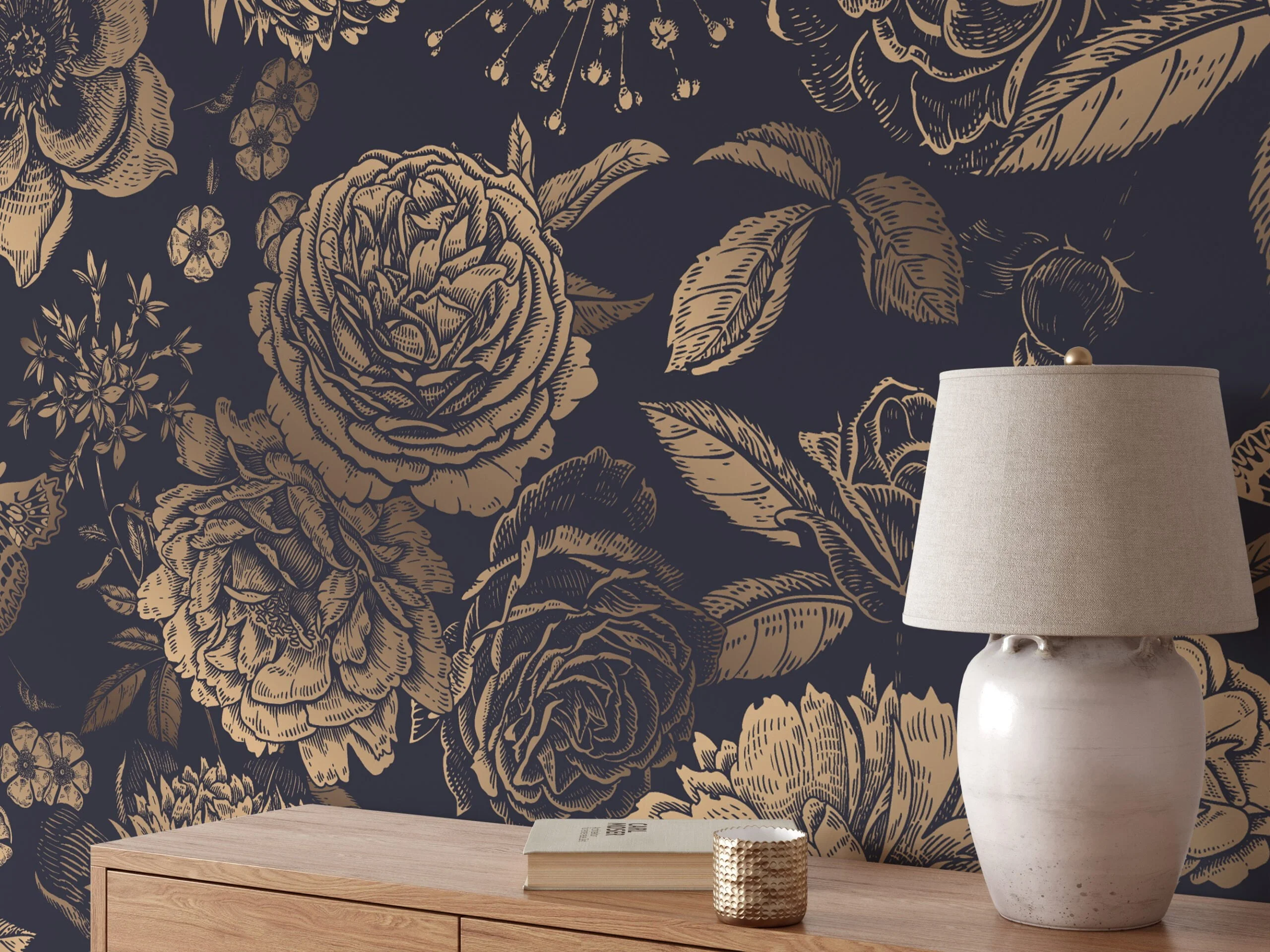 Vintage Style Large Flowers With Butterflies On A Dark Background Wallpaper, Luxurious Gold Floral Peel & Stick Wall Mural