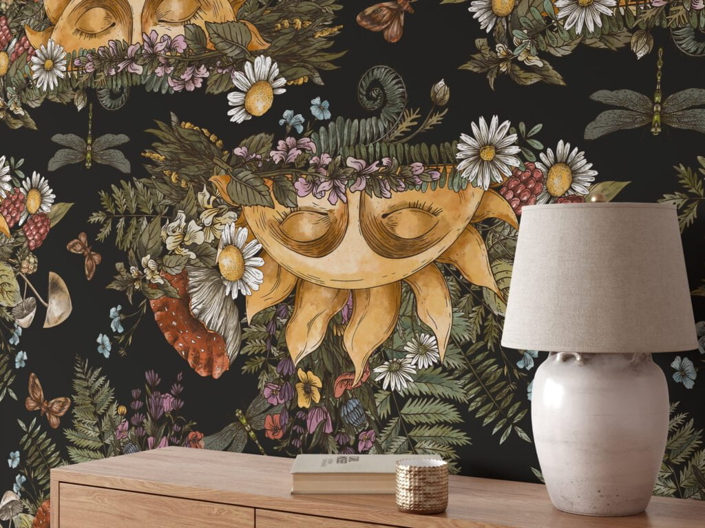 Floral Mystical Sun With Face On A Dark Background, Woodland Creatures & Florals Peel & Stick Wall Mural