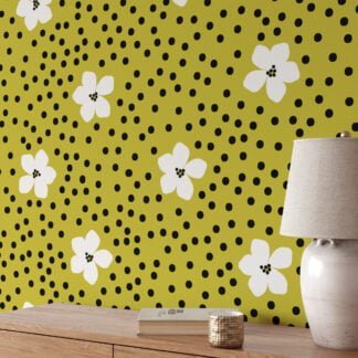 White Flowers With Dots Pattern Wallpaper, Vibrant Floral Design Peel & Stick Wall Mural