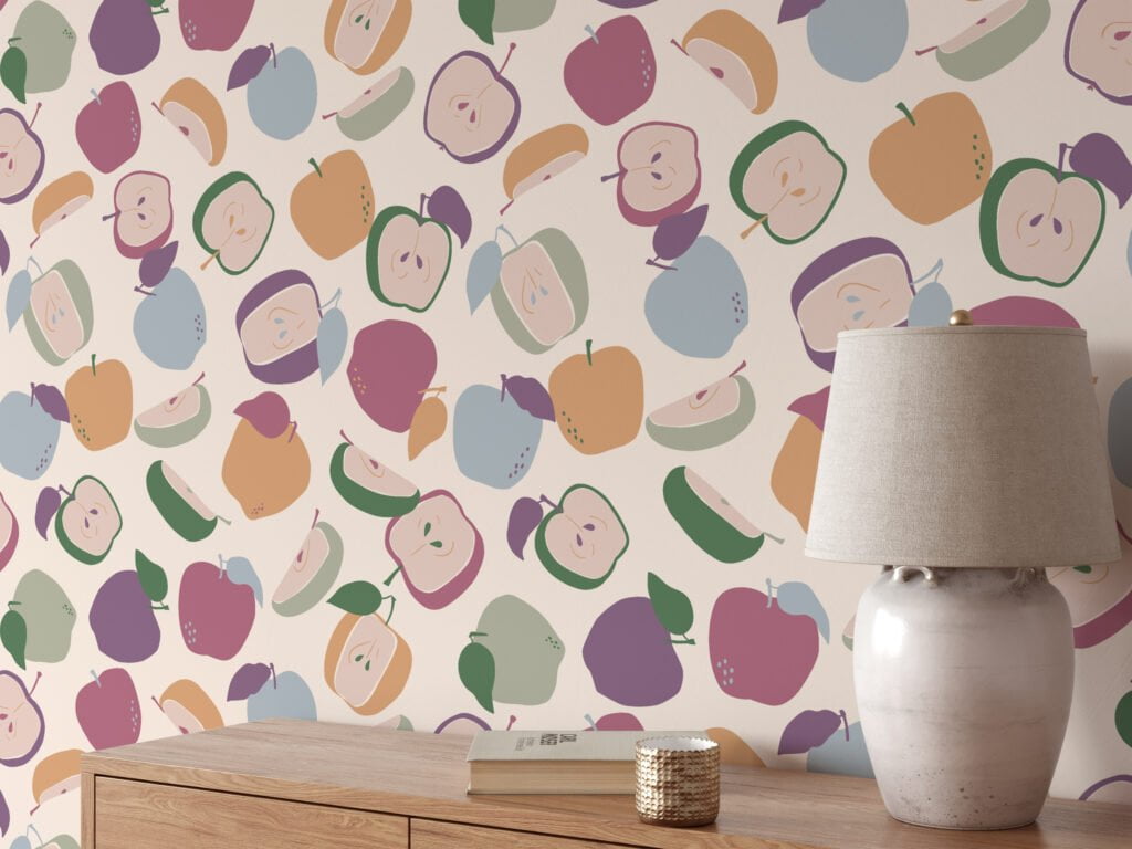 Flat Art Apples And Sliced Apples Illustration Wallpaper, Mixed Fruit Medley Peel & Stick Wall Mural