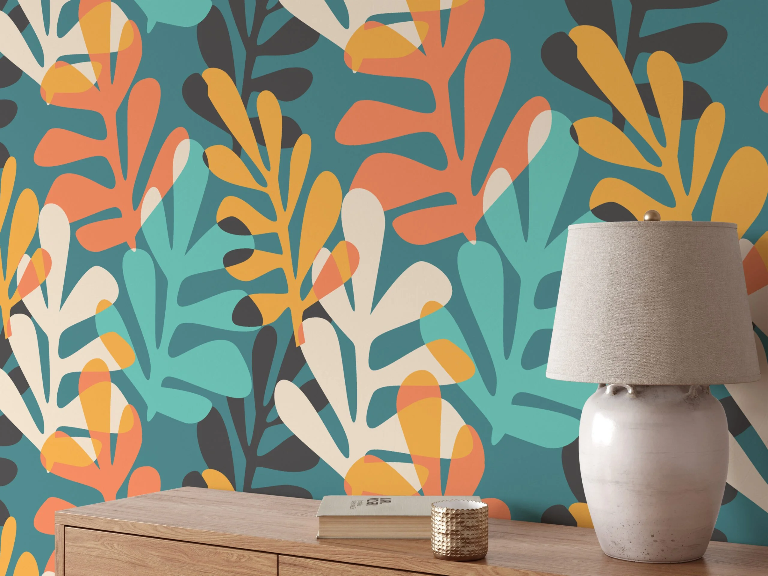 Abstract Large Tropical Leaves Flat Art Design Wallpaper, Contemporary Nature Design Peel & Stick Wall Mural