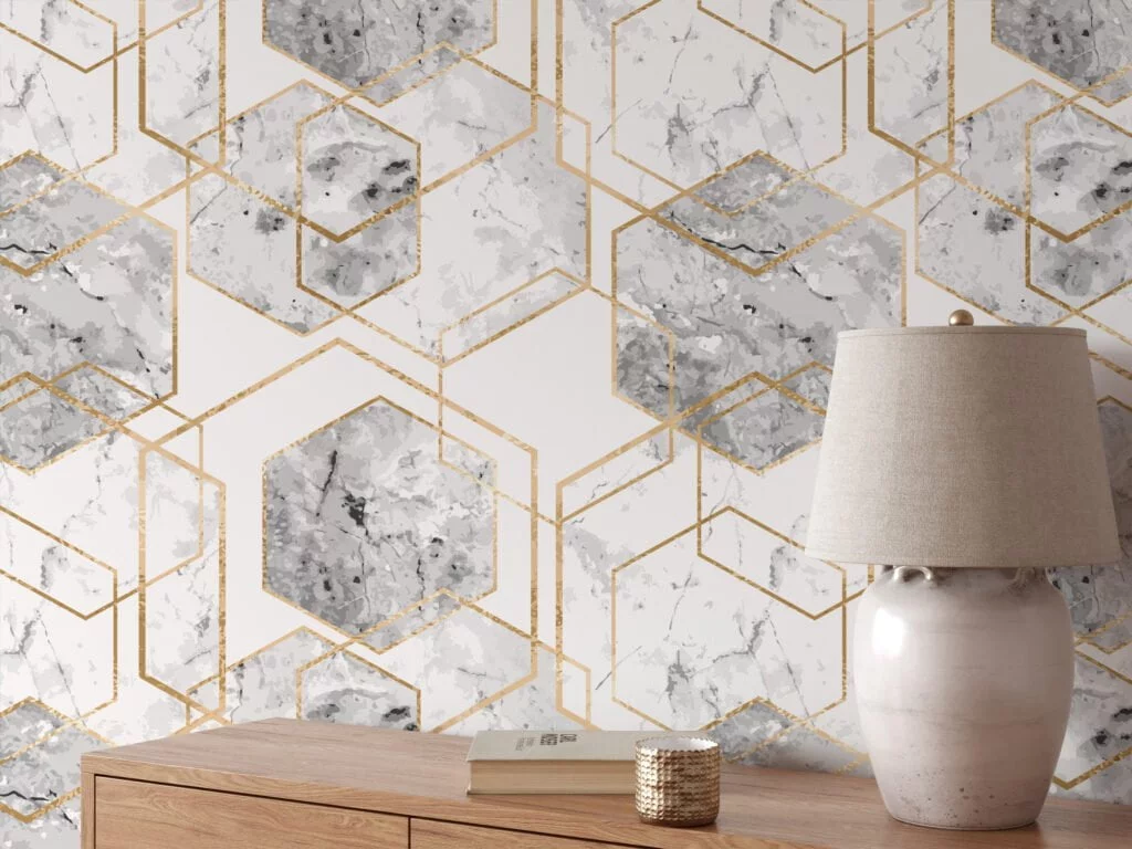 Geometric Wallpaper With Grey Watercolor Style Hexagons, Luxurious Gold Marble Peel & Stick Wall Mural