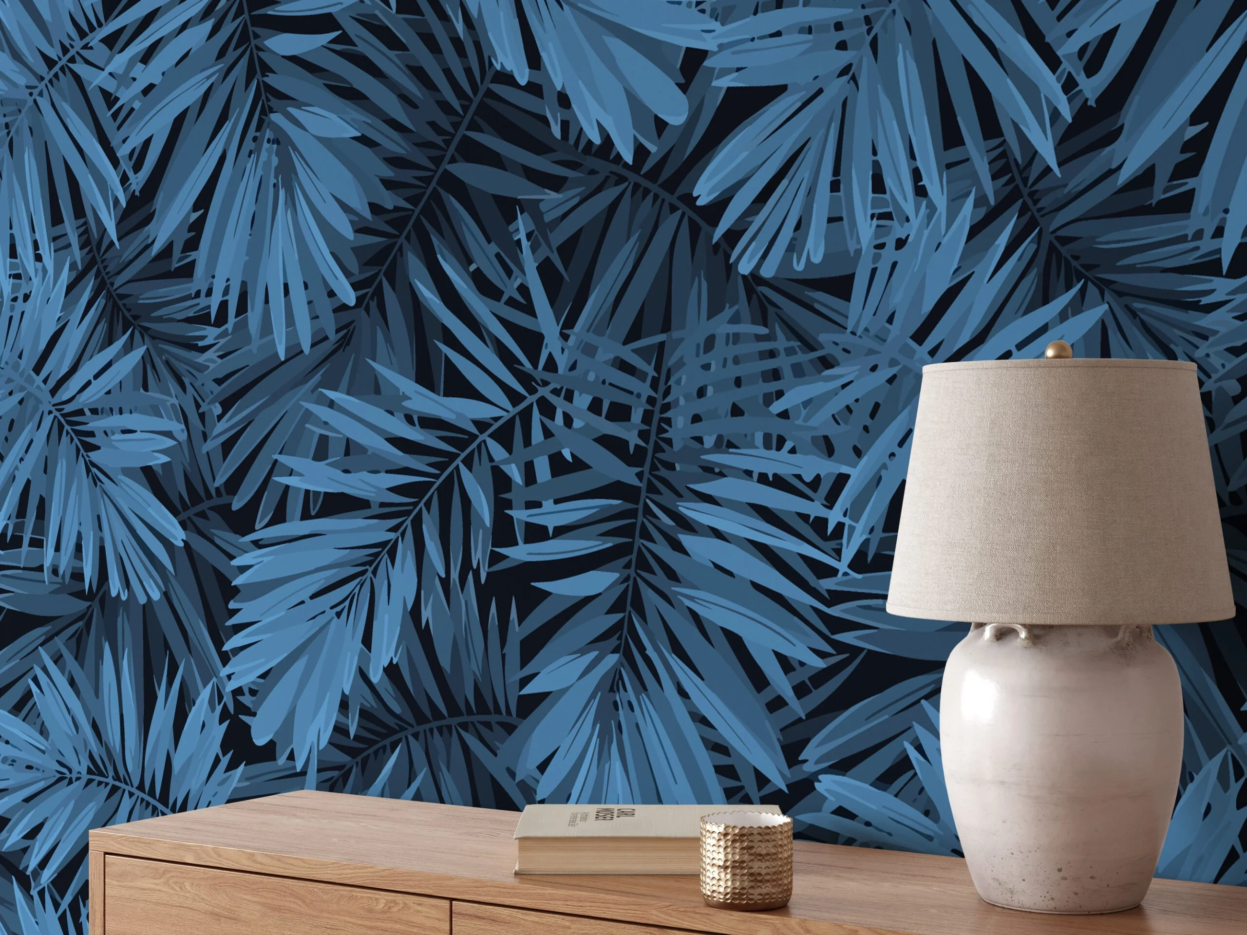 Blue Large Leaves Illustration Wallpaper, Tropical Leaf Design Peel & Stick Wall Mural