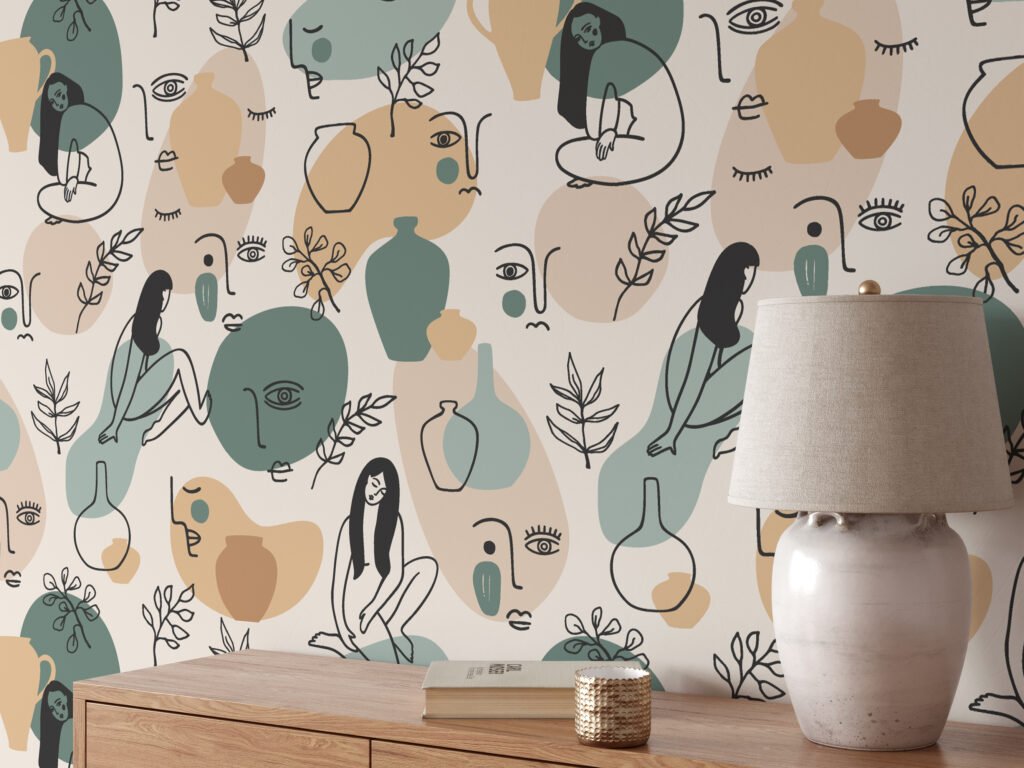 Abstract Boho Line Art Faces And Vases Illustration Wallpaper, Serene Abstract Figures Peel & Stick Wall Mural