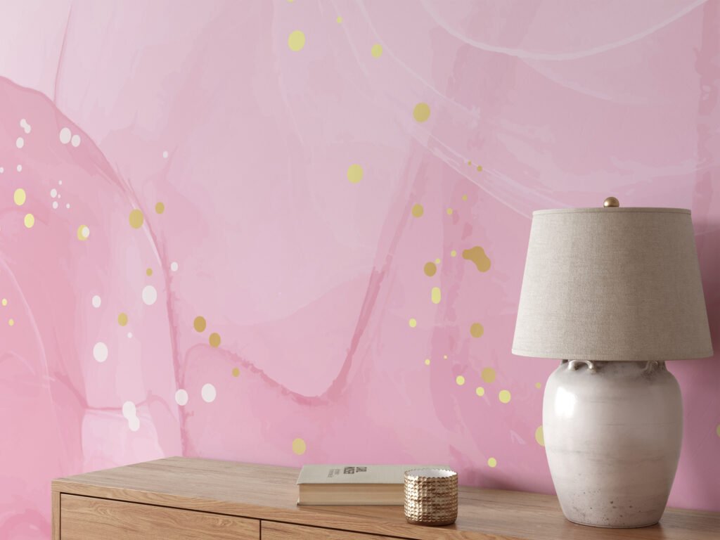 Pink Marble Illustration Wallpaper, Elegant Pink And Gold Specks Peel & Stick Wall Mural