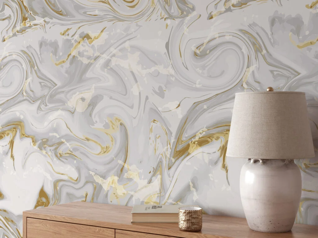 Swirly Abstract Marble Illustration Wallpaper, Classic White and Gold Peel & Stick Wall Mural