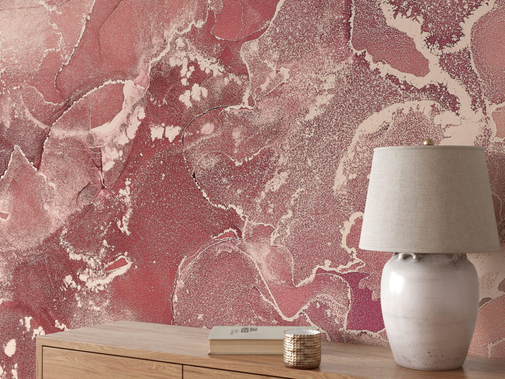 Peach Pink Alcohol Ink Art Marble Wallpaper, Warm Rose Marble Peel & Stick Wall Mural